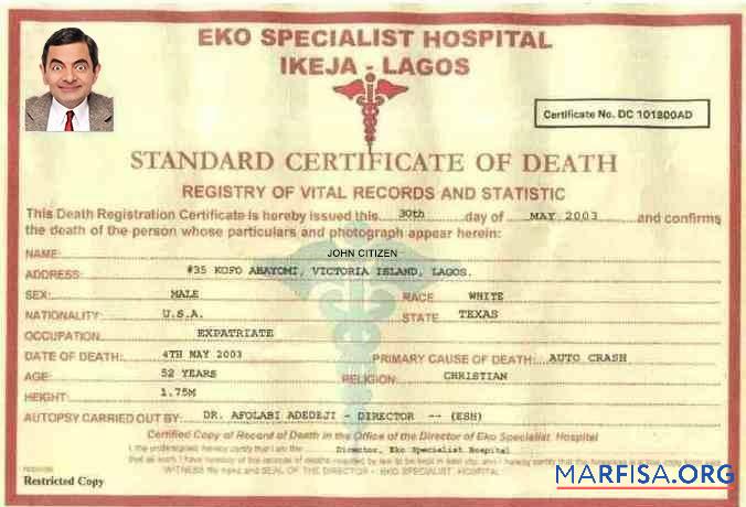 Blank Nigeria Eko specialist hospital death certificate real example